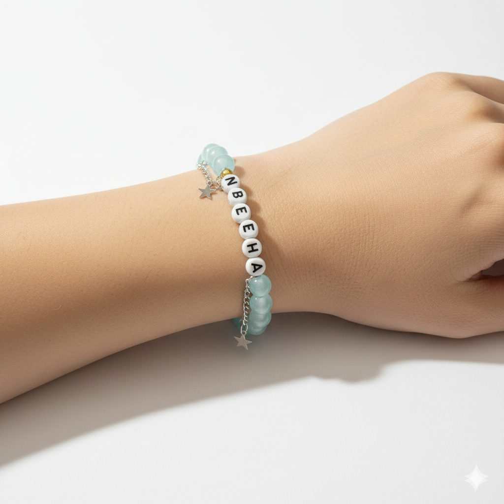 Aqua Glow Marble & Crack Bead Bracelet with Star Charms – Elegant Adjustable Chain Design