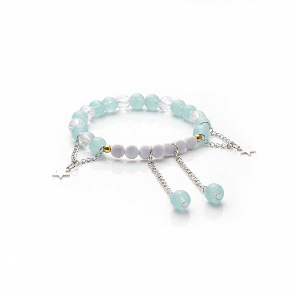 Aqua Glow Marble & Crack Bead Bracelet with Star Charms – Elegant Adjustable Chain Design