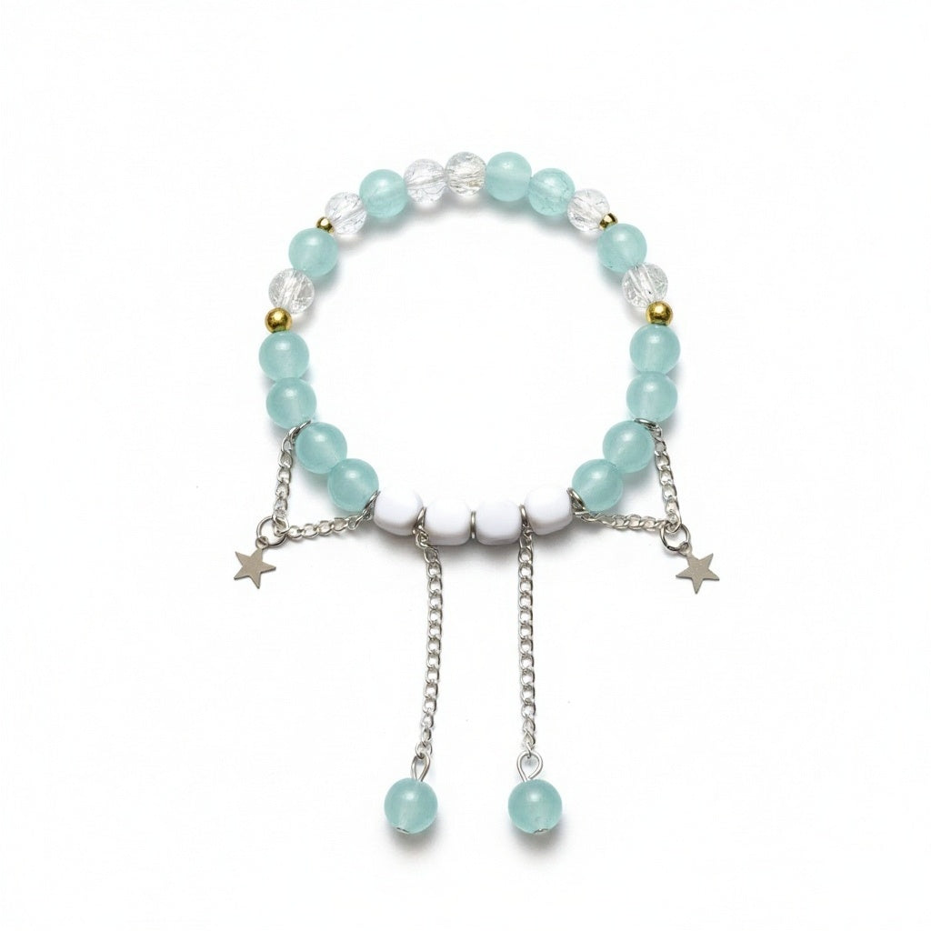 Aqua Glow Marble & Crack Bead Bracelet with Star Charms – Elegant Adjustable Chain Design