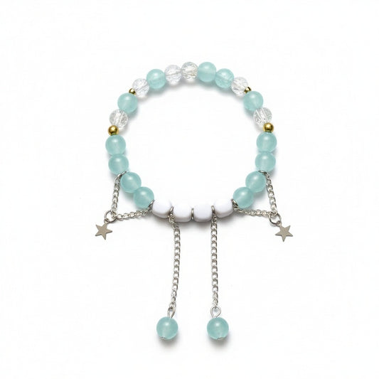 Aqua Glow Marble & Crack Bead Bracelet with Star Charms – Elegant Adjustable Chain Design