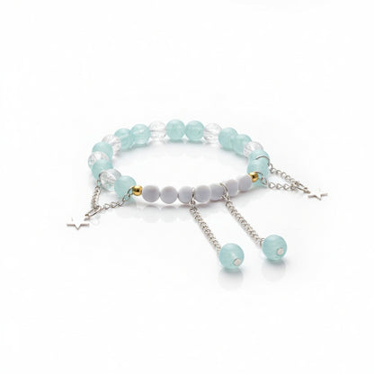 Aqua Glow Marble & Crack Bead Bracelet with Star Charms – Elegant Adjustable Chain Design