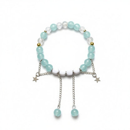 Aqua Glow Marble & Crack Bead Bracelet with Star Charms – Elegant Adjustable Chain Design